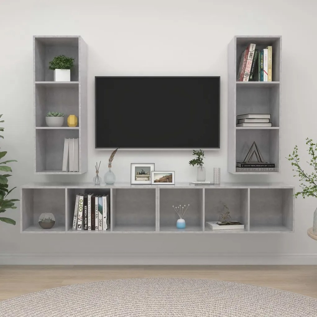 Armários de parede para TV 4 pcs contraplacado cinzento cimento