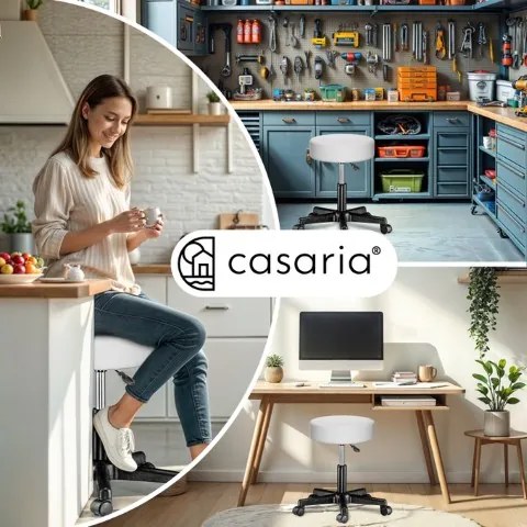 Conjunto 2 bancos com rodas 48 x 48 x 46 - 60 cm em couro sintético branco