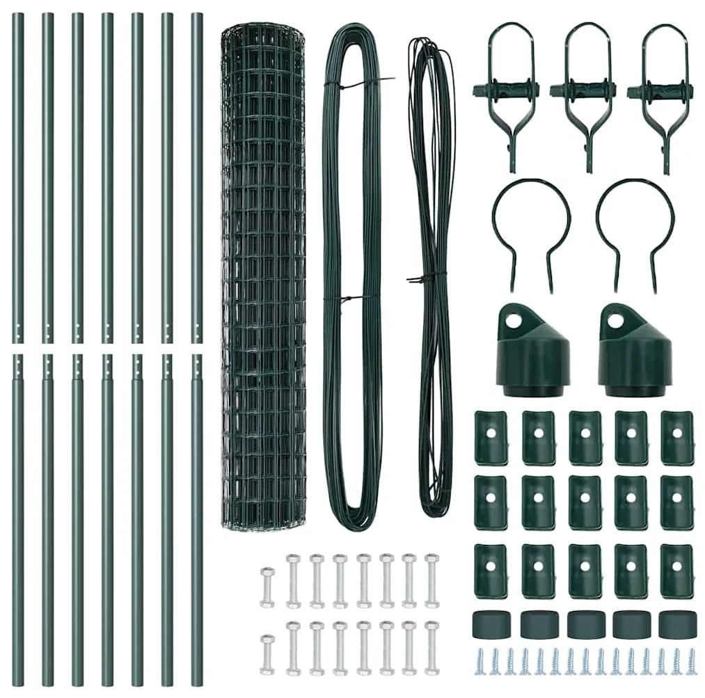 Cerca Euro da com 7 postes, 1,5 x 10 m, em aço galvanizado verde.