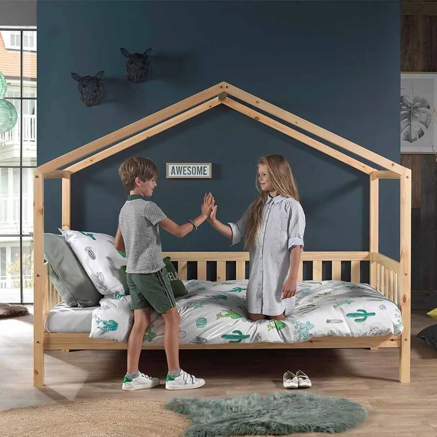 Cama infantil de Casa DALLAS MH 90x200 Com Ripas e Estrado Natural