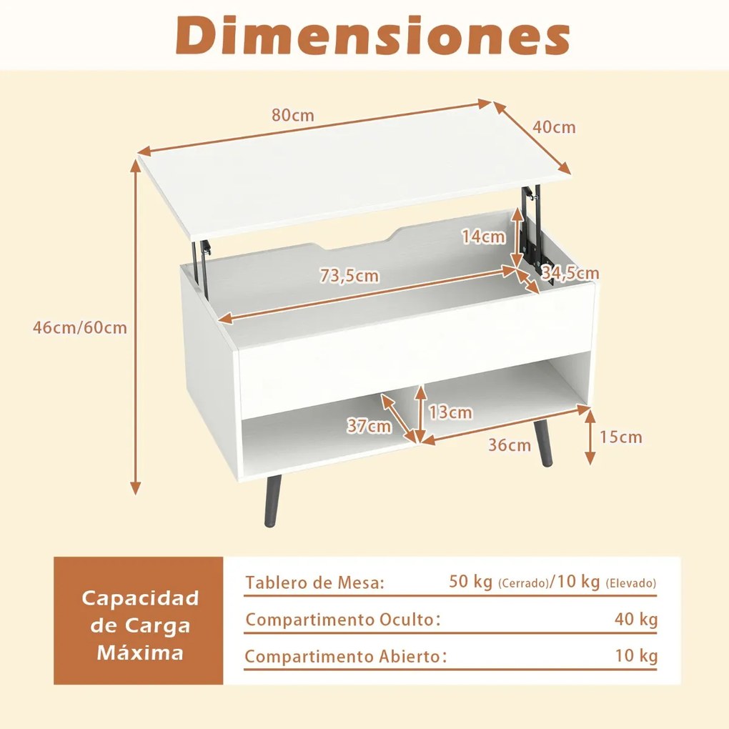Mesa de centro com tampo elevável 80 x 40 x 46 cm, compartimento oculto e 2 prateleiras para sala de estar Branco