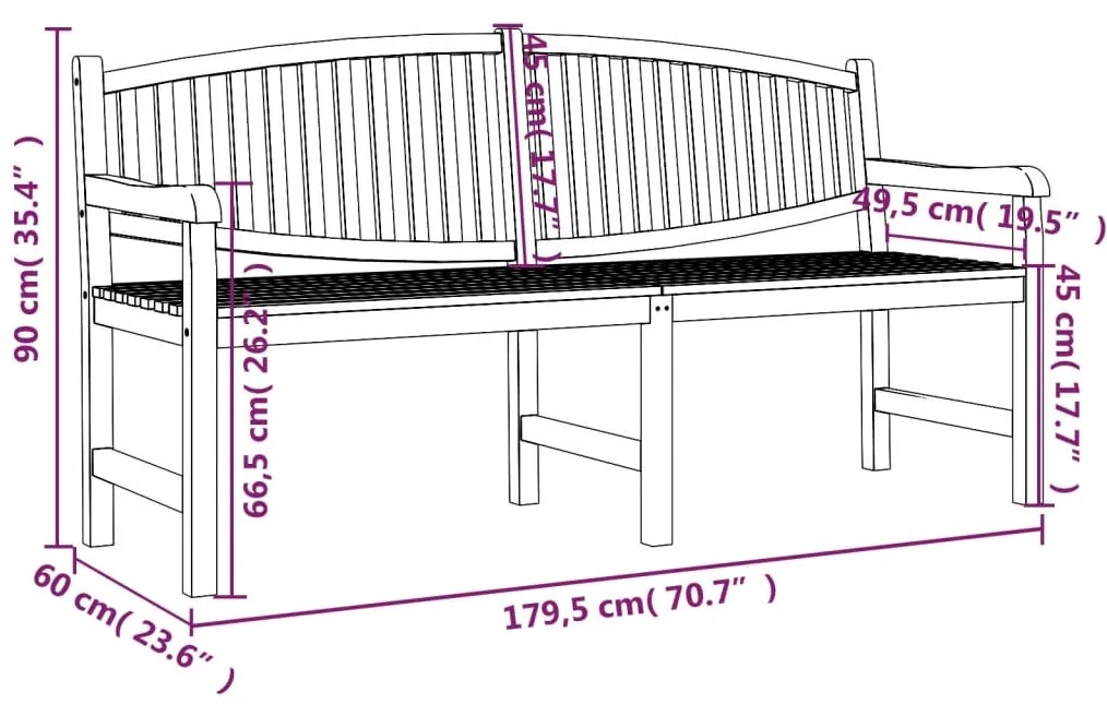 Banco de jardim 179,5x60x90 cm madeira de teca maciça