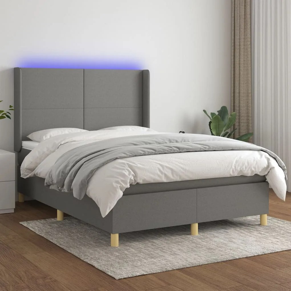 vidaXL Cama box spring c/ colchão e LED 140x200 cm tecido cinza-escuro