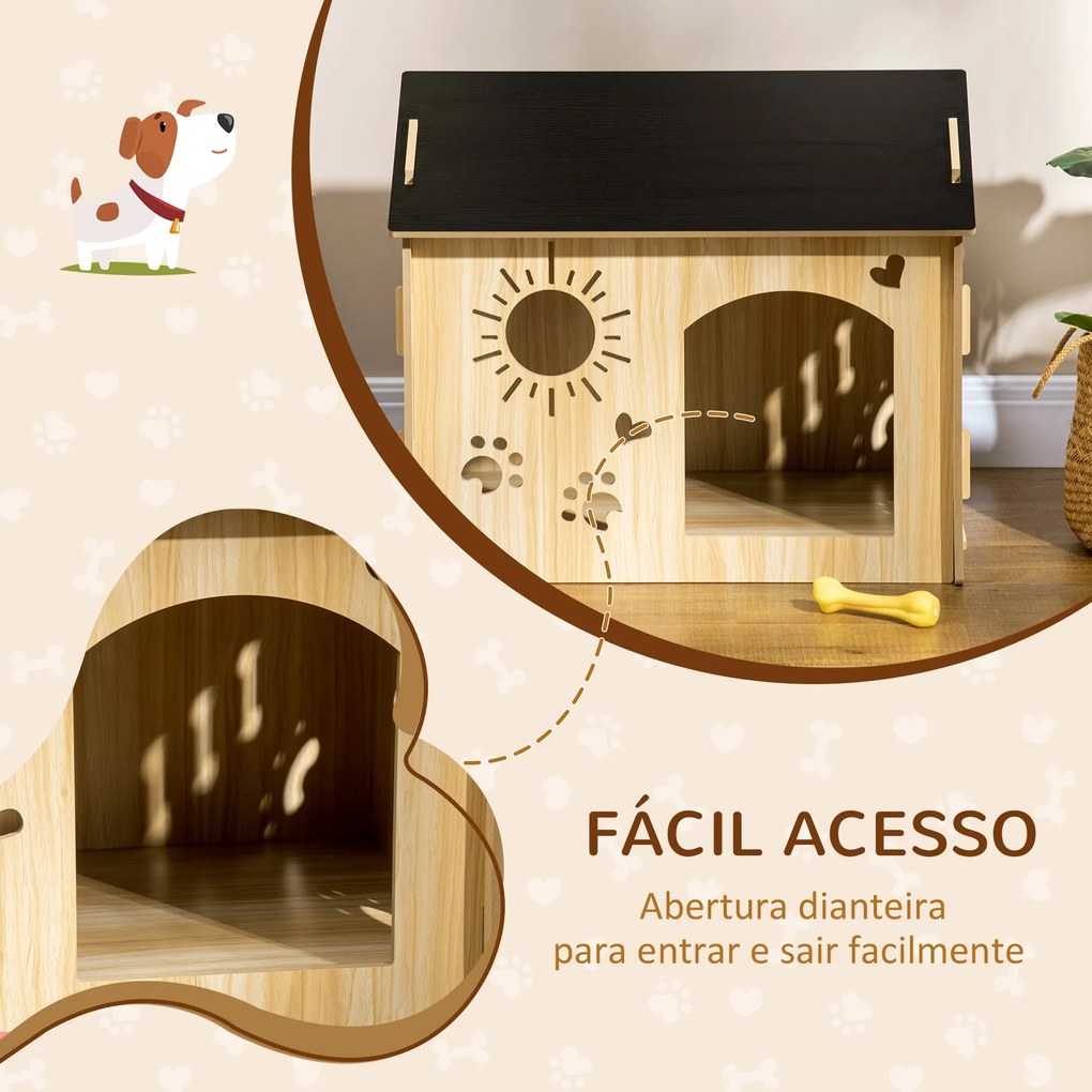 Casa de Madeira para Cães Pequenos Casa para Animais de Estimação com Porta Dianteira Desenhos em Forma de Sol Coração Pata 69x50x58,5cm Madeira e Pre