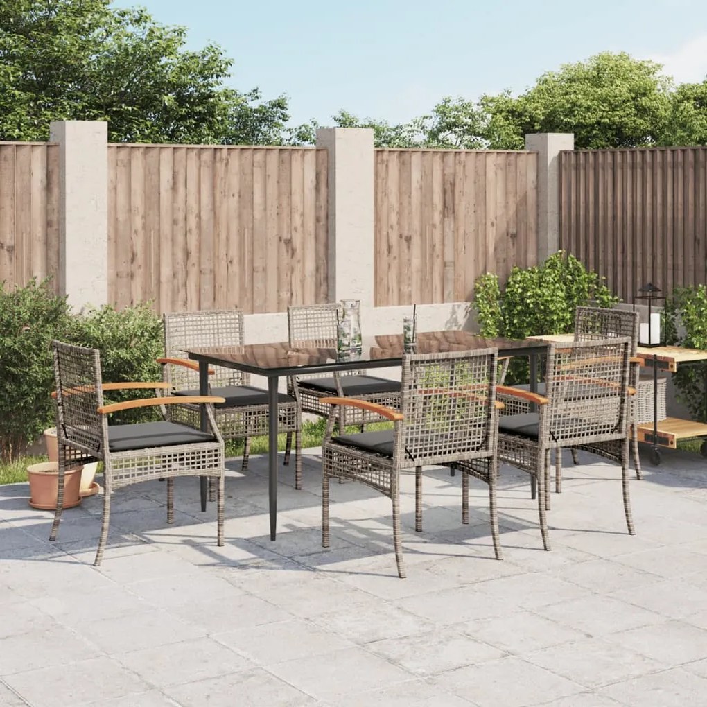 7 pcs conjunto de jantar p/ jardim c/ almofadões vime PE cinza