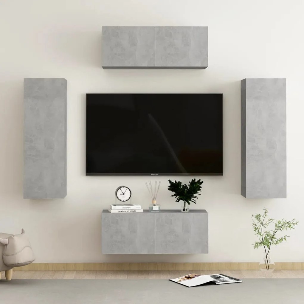 4 pcs conjunto de móveis de TV contraplacado cinzento cimento