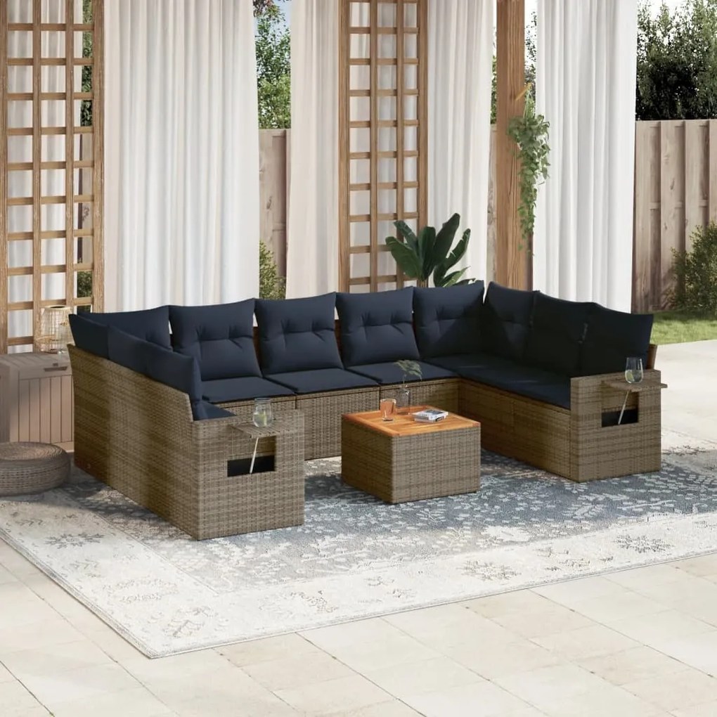 vidaXL 10 pcs conjunto sofás p/ jardim c/ almofadões vime PE cinzento
