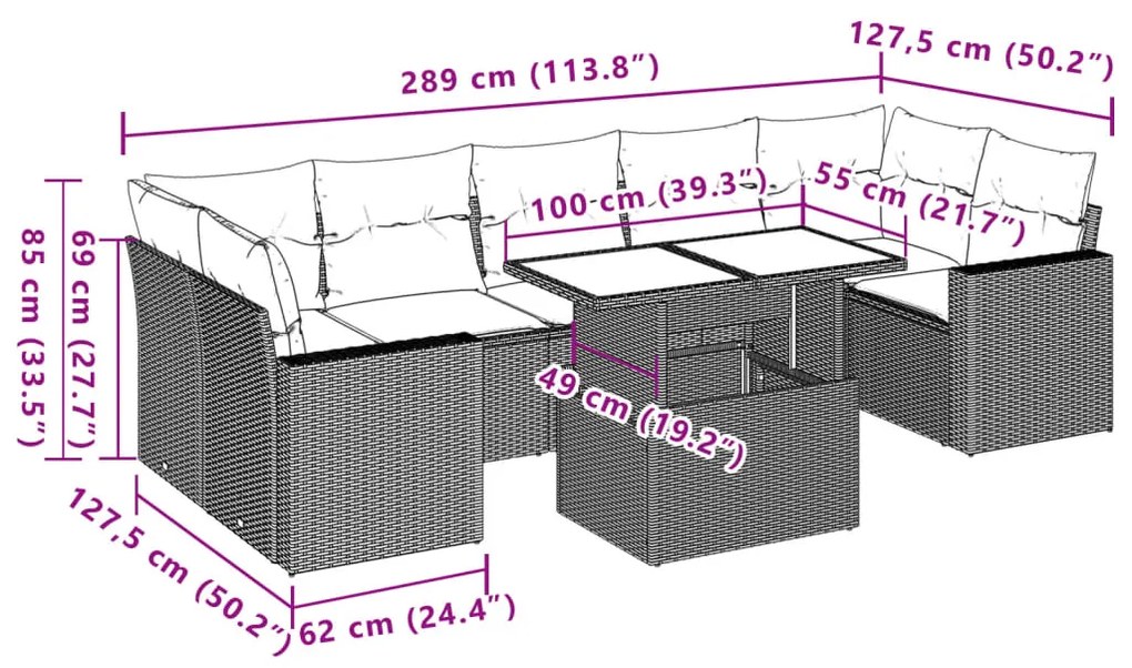 8 pcs conjunto sofás de jardim c/ almofadões vime PE castanho