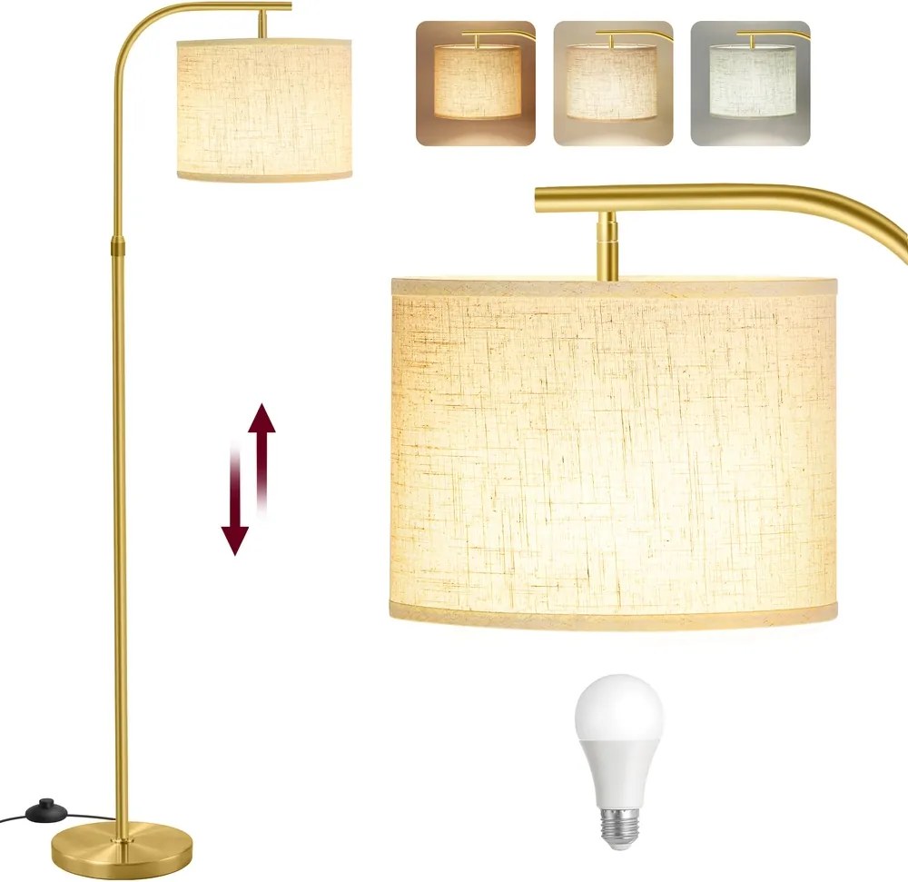Candeeiro de pé com altura regulável de 150 a 175 cm, com interruptor de pé em dourado claro