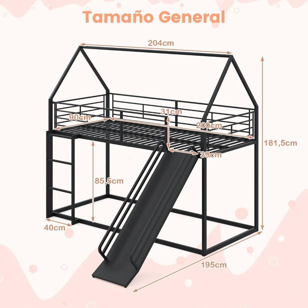 Cama Beliche Crianças 204 x 195 x 181,5 cm em forma de casa com escorrega (COLCHÃO E ACESSÓRIOS IMAGEM NÃO INCLUIDOS) com grade de segurança e escada