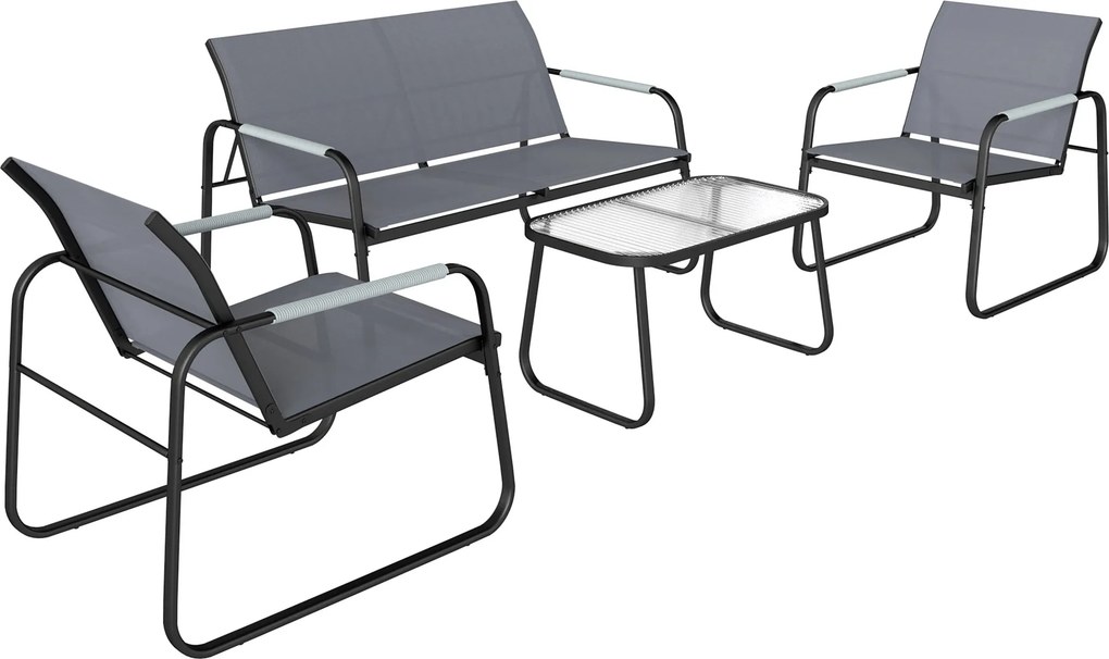 Conjunto de Jardim Exterior com 1 Sofá de 2 Lugares 2 Poltronas e Mesa com Tampo de Vidro Temperado Textilene Respirável Cinzento