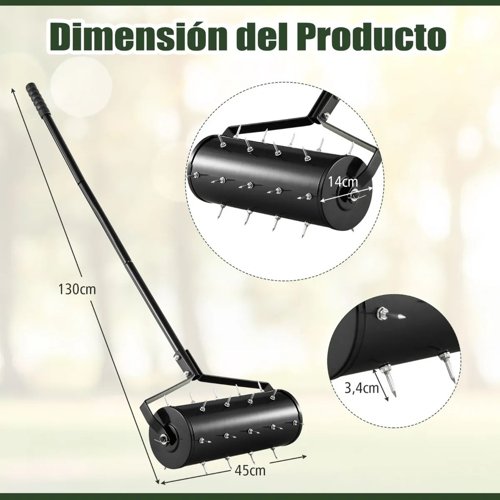 Rolo para Relva com arejador de relva com rolo de 44 cm Cabo amovível de 128 cm e dentes para jardim Preto
