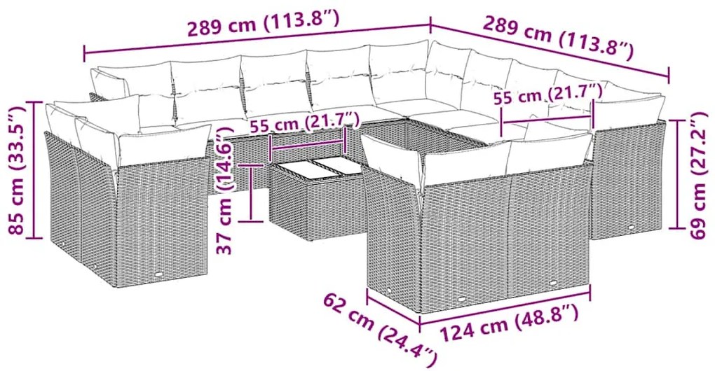 14 pcs conj. sofás jardim com almofadões vime PE cinzento-claro