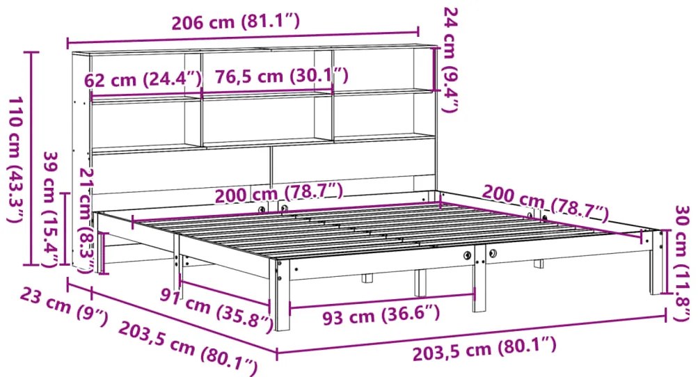 Cama com estante sem colchão 200x200 cm pinho maciço