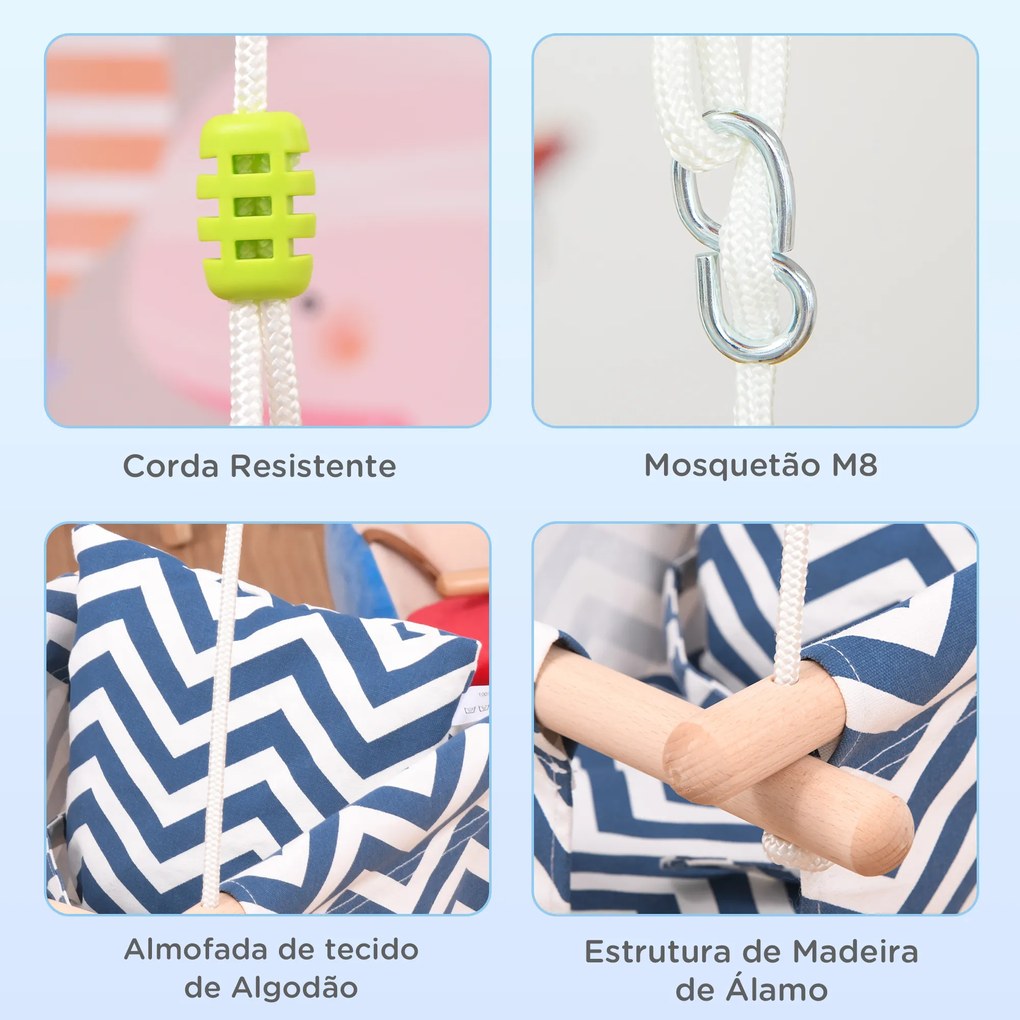 Outsunny Balanço de bebê ajustável em altura com cinto de segurança interno e externo máx. 80 kg Madeira 40x40x180 cm Azul e Branco