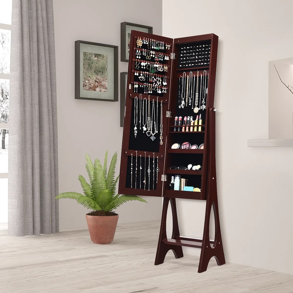 Guarda Joias com espelho de corpo inteiro com 12 luzes LED Design Vertical Ângulo ajustável Organizador de jóias  36 x 33,5 x 154 cm Castanho