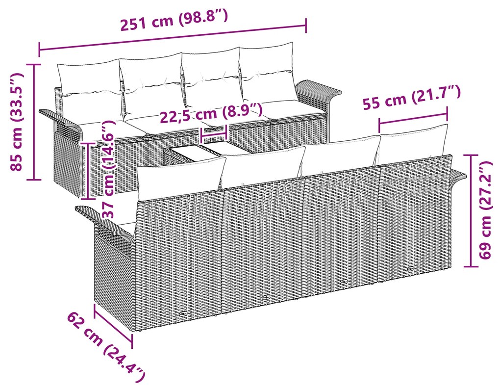 Conjunto de Sofá de Jardim de 9 Peças com Almofadas Cinza em Rattan