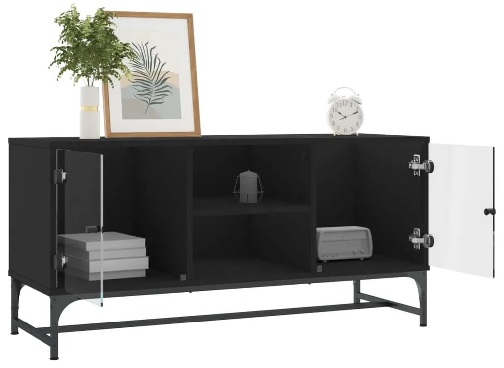 Móvel de TV c/ portas de vidro 102x37x50 cm preto