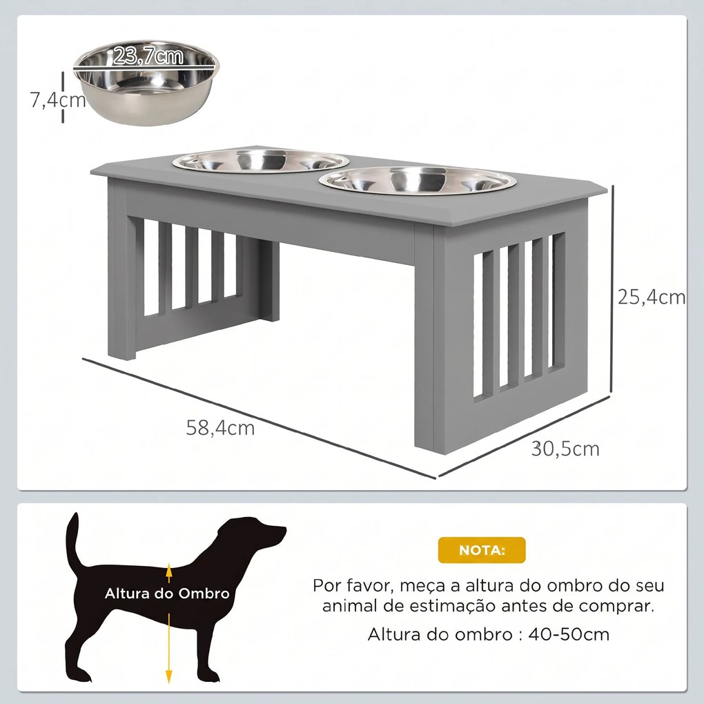 Comedouro Elevado para Cães com 2 Tigelas Removíveis em Aço Inoxidável, 58,4x30,5x25,4 cm, Cinzento