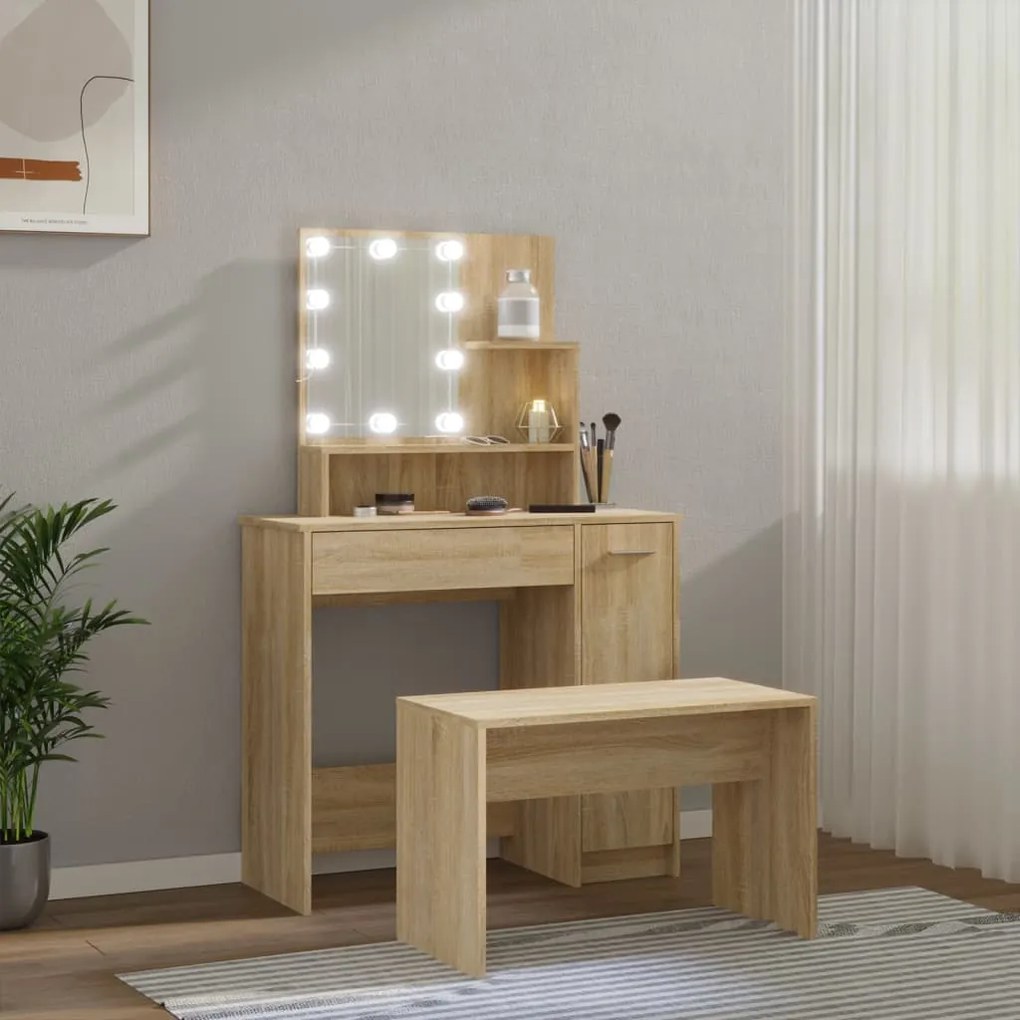 Conjunto toucador c/ LEDs madeira processada carvalho sonoma