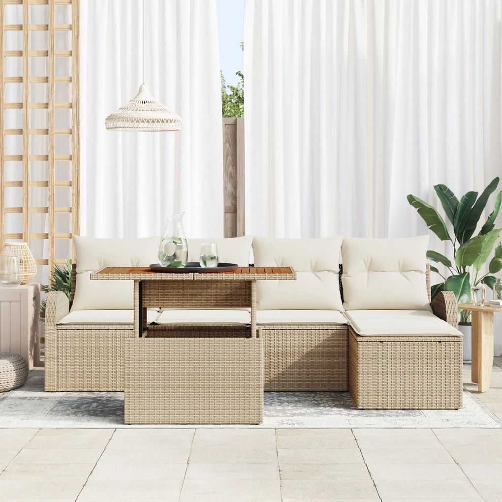 Conjunto de Sofá de Jardim de 6 Peças com Almofadas em Rattan Poliéste