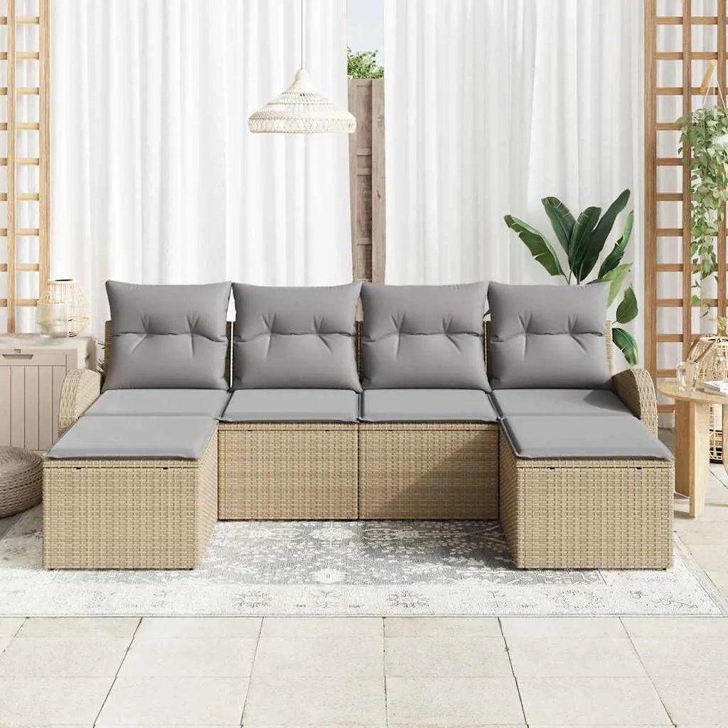Conjunto de Sofá de Jardim 6 Peças com Almofadas Bege Vime Poliéster