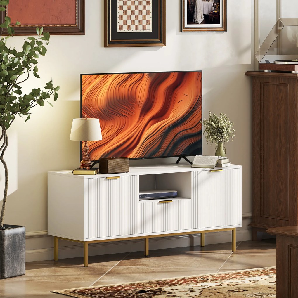 Móvel para televisão 120 x 39 x 54 cm, para televisão de 50 polegadas com 2 portas com fecho suave, gaveta e compartimento aberto, branco