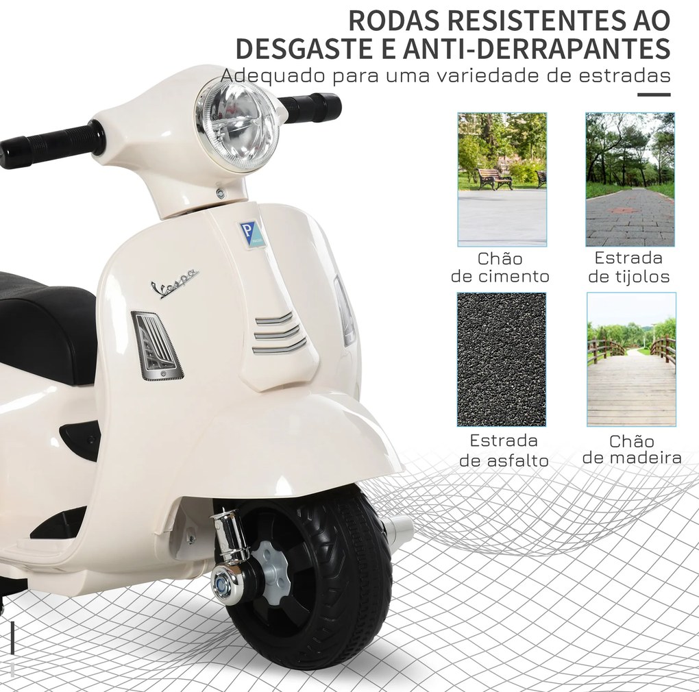 Mota Elétrica 6v Vespa para Crianças 1,5 a 3 anos com Farol e Buzina 66,5x38x53 cm Branco