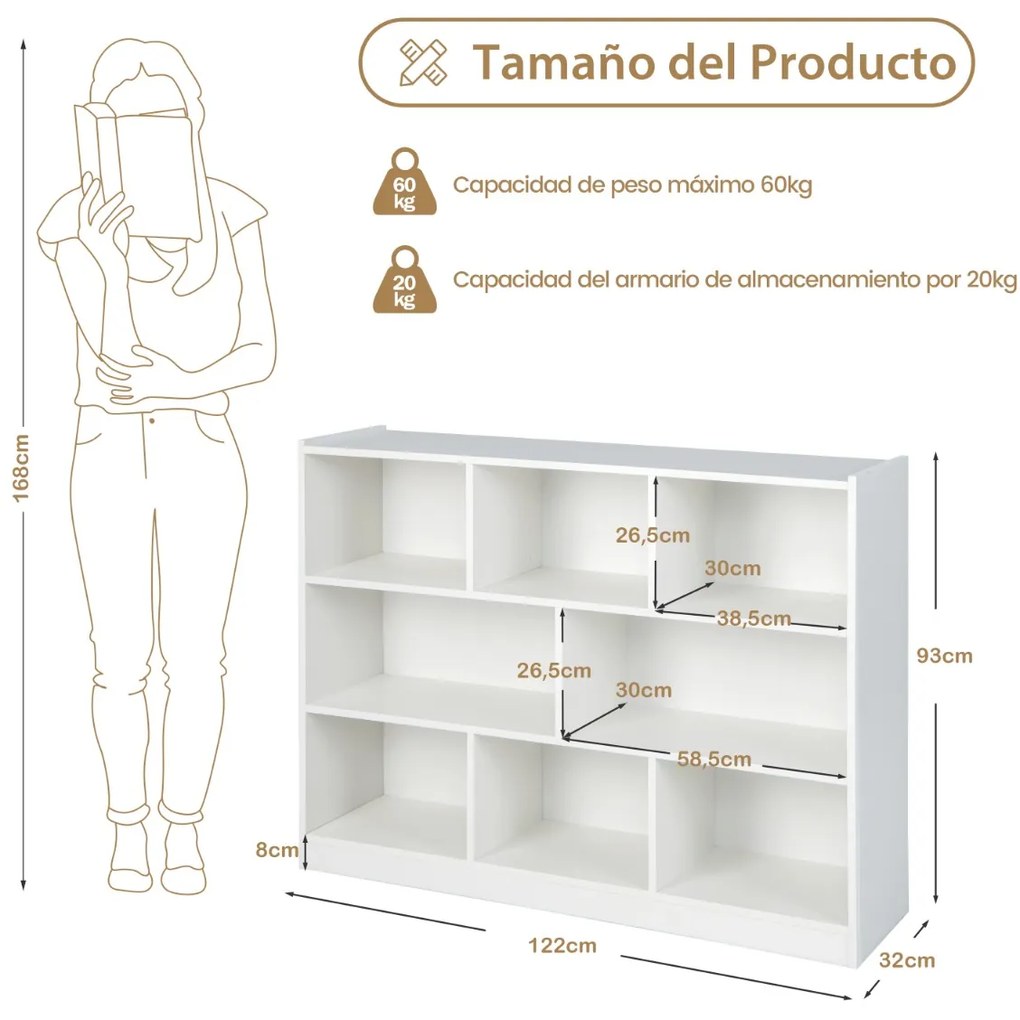 Estante aberta de 3 camadas, 8 cubos, prateleira de armazenamento, expositor 122 x 32 x 93 cm branco