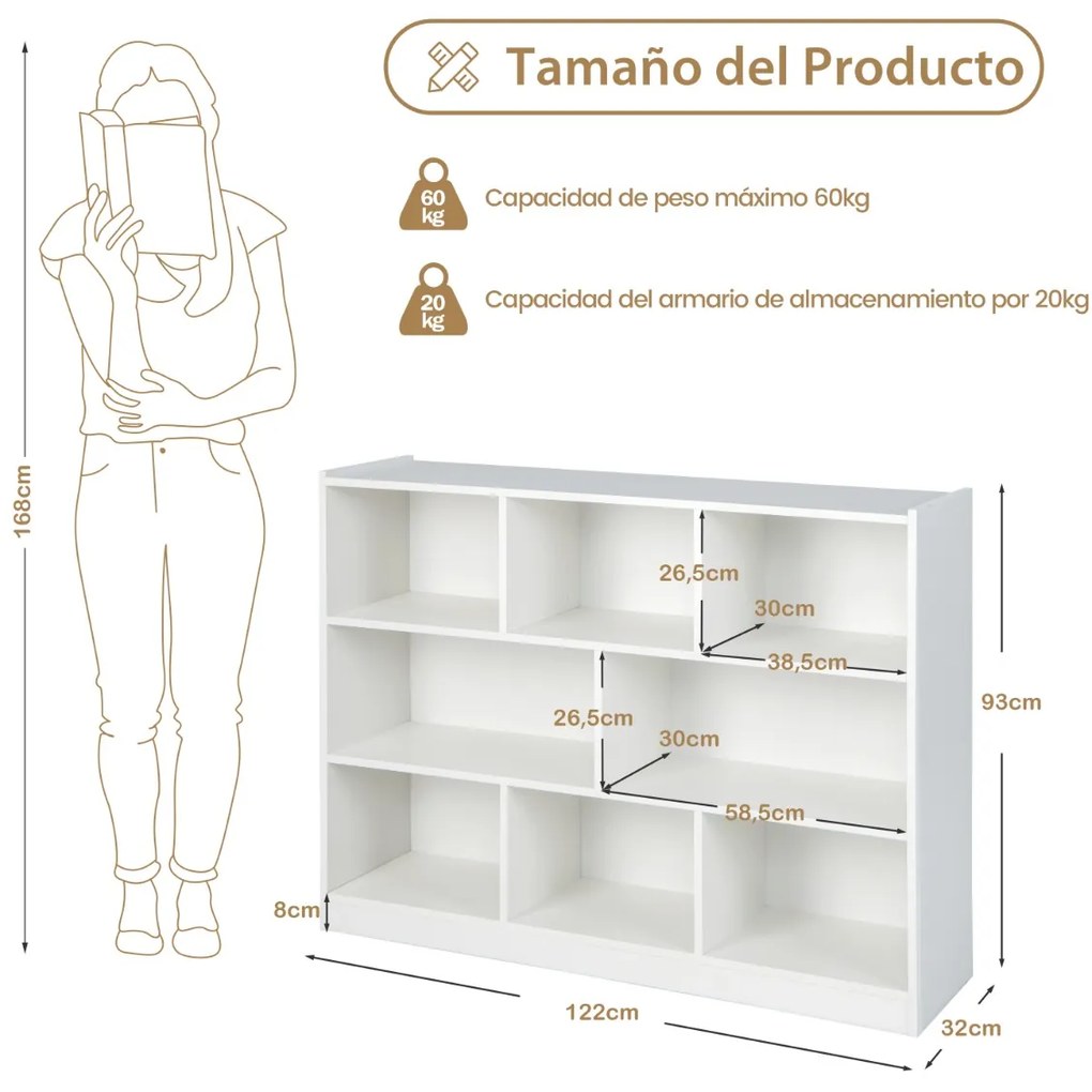 Estante aberta de 3 níveis com 8 armarios em forma de cubo 122 x 32 x 93 cm Branco