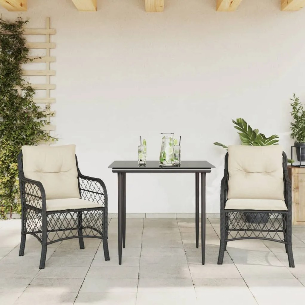 3 pcs conjunto de bistrô com almofadões vime PE preto