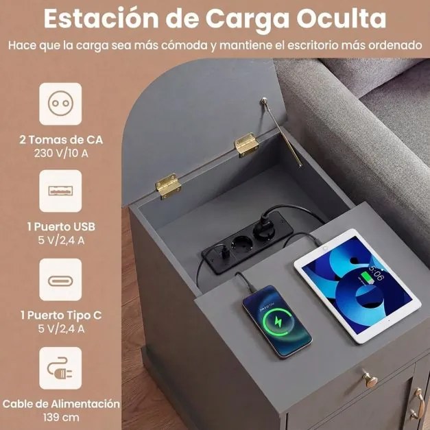 Mesa de cabeceira, mesa de apoio 35 x 60 x 62 cm com estação de carregamento com gaveta, armário e estante ajustável cinza