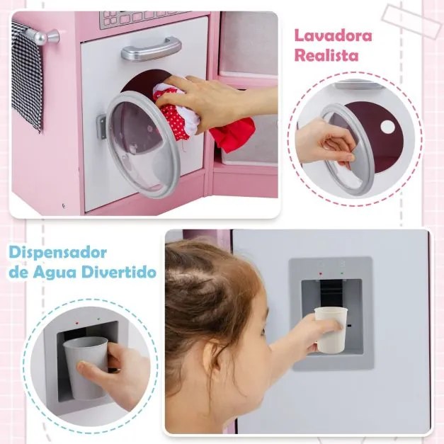 Cozinha Brincar de madeira para crianças 102 x 51 x 85 cm com luzes e sons, exaustor iluminado, sistema de água com dispensador e máquina de lavar par