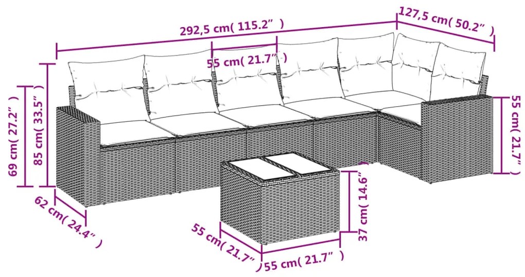 7 pcs conjunto de sofás jardim c/ almofadões vime PE castanho