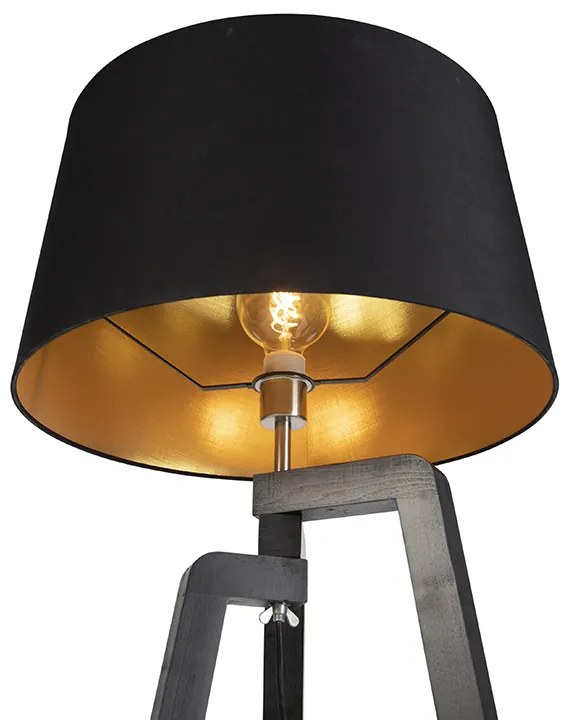 Candeeiro de pé tripé com abajur de algodão preto com dourado 50 cm - Puros Country / Rústico