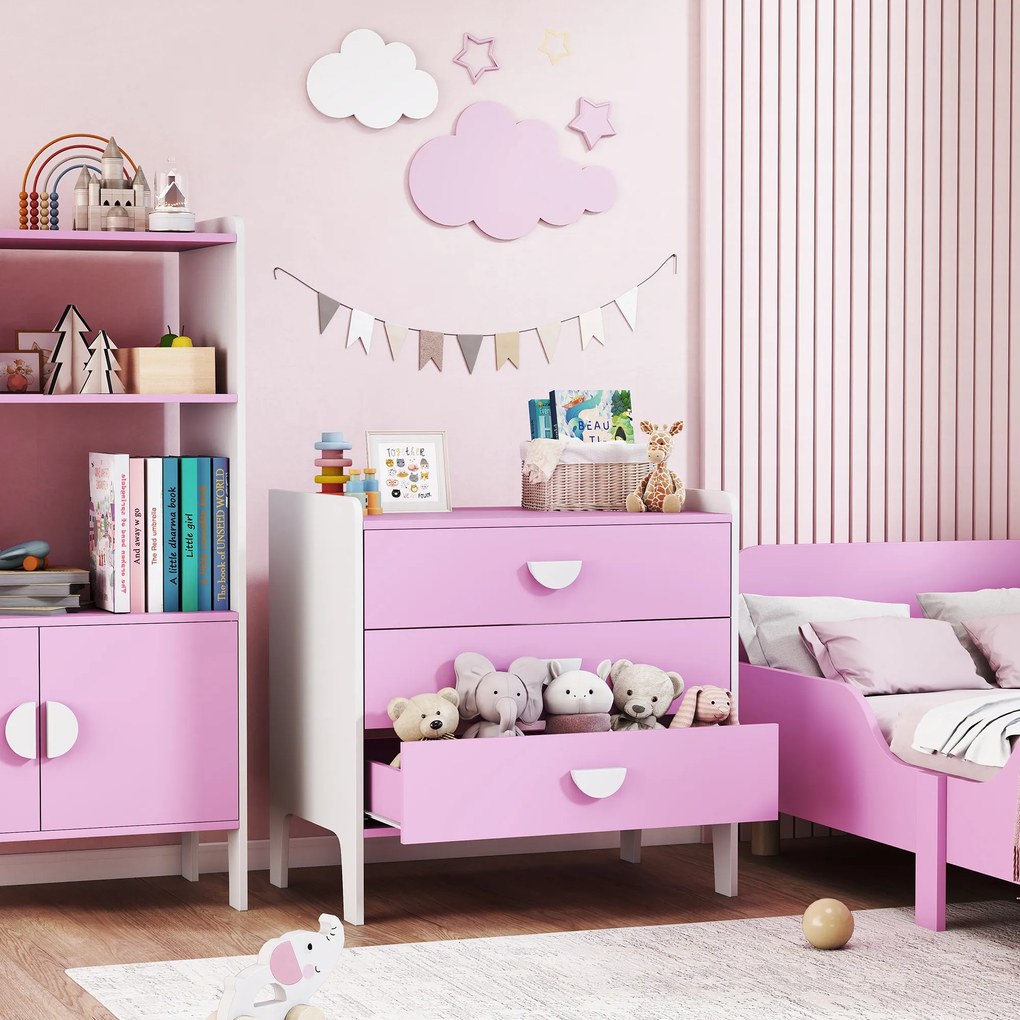 Cómoda para crianças, cómoda com 3 gavetas 60 x 40 x 60 cm, rosa