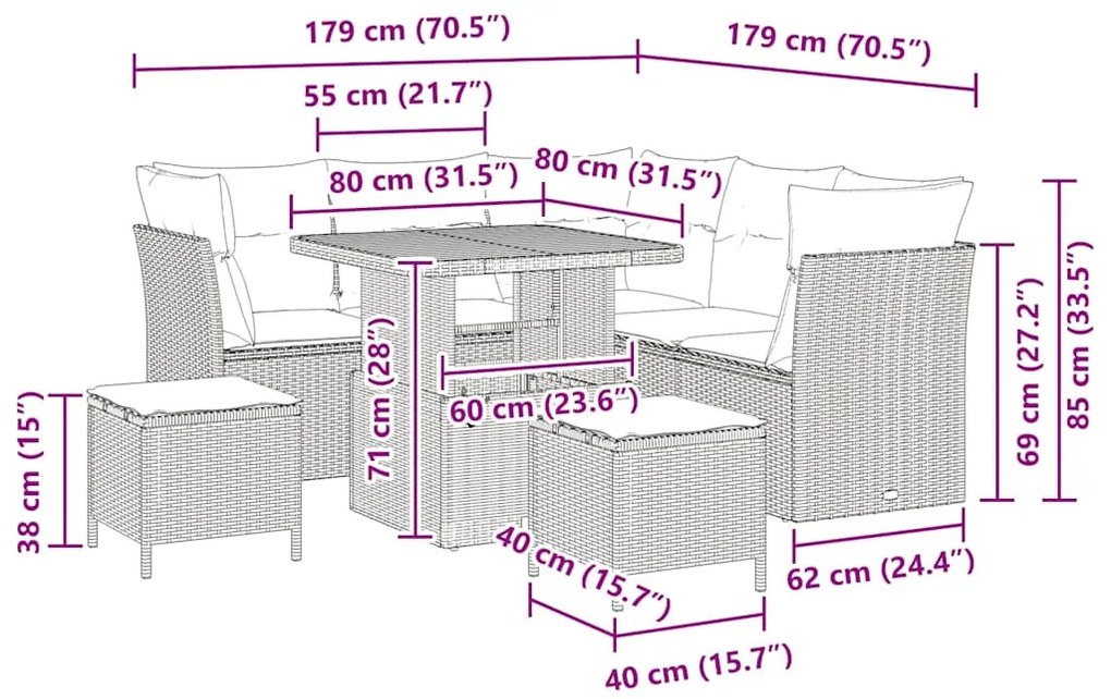 Conjunto de Sofá de Jardim de 8 Peças com Almofadas Cinza em Rattan de