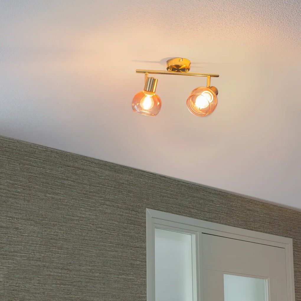 Foco Art Deco dourado com vidro rosa 2 luzes - Vidro