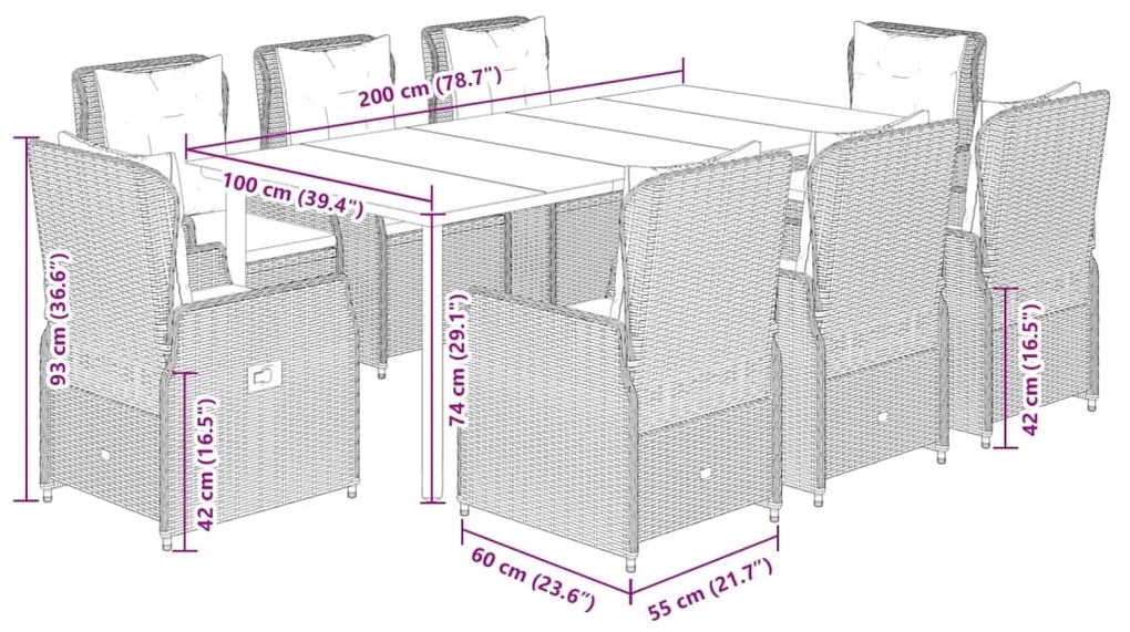 9 pcs conjunto de jantar p/ jardim com almofadões vime PE bege