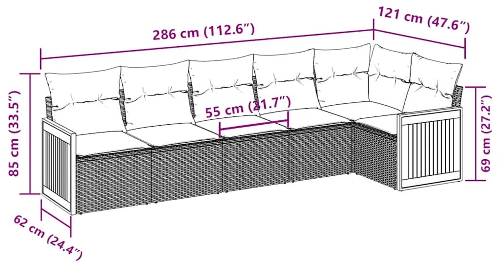 6 pcs conjunto sofás de jardim c/ almofadões vime PE preto