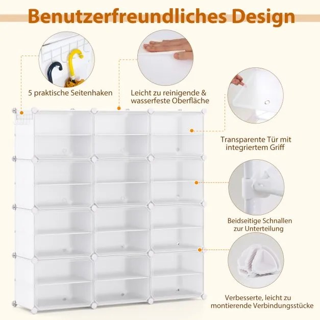 Sapateira DIY 124 x 32 x 125 cm com 12 compartimentos para 48 pares de sapatos e botas, armário organizador de sapatos de plástico, branco