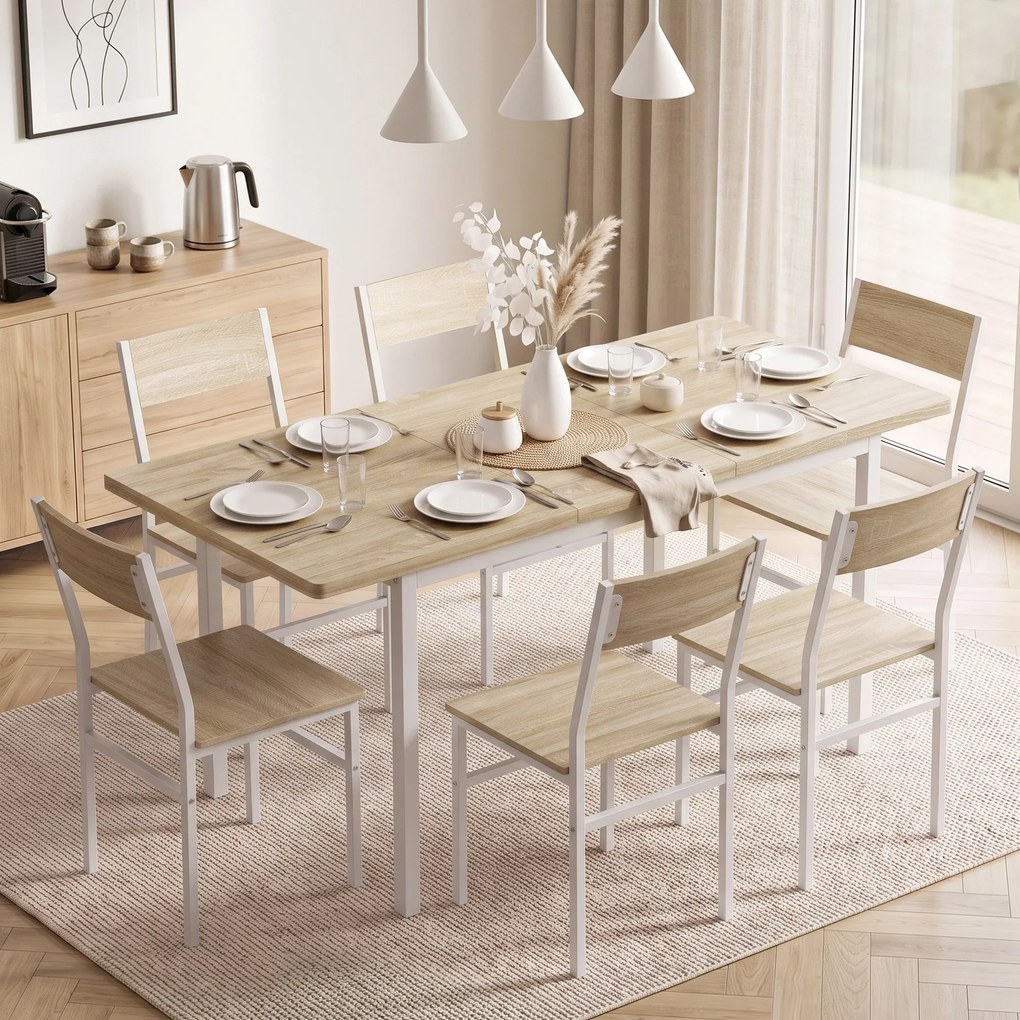 Conjunto de Mesa de Jantar Extensível 120-160 cm e 6 Cadeiras Empilháveis para 4-6 Pessoas Efeito Carvalho