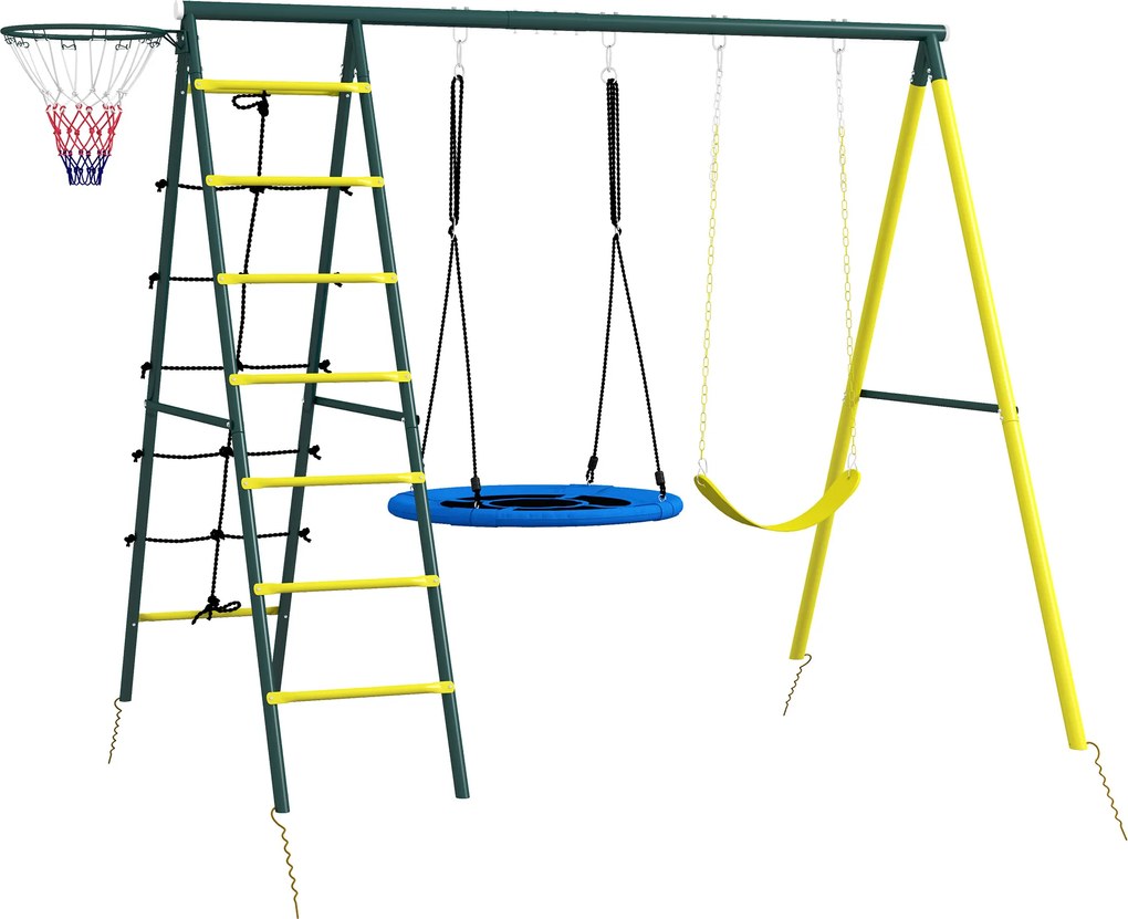 Outsunny Baloiço Infantil de 3-8 Anos 4 em 1 com Baloiço Ninho e Individual Rede de Escalada Cesto de Basquetebol Escada Amarelo | Aosom Portugal