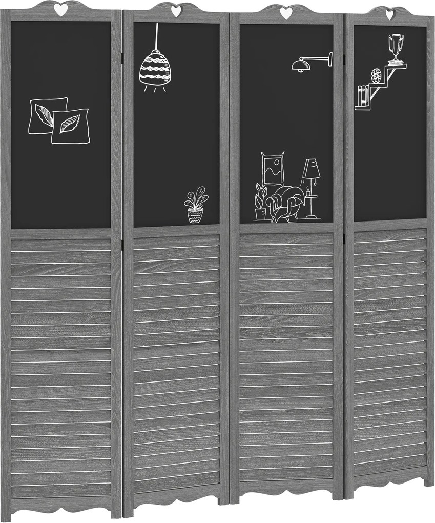 Biombo Separador de Ambientes Dobrável de 4 Painéis de Madeira com Quadros 162x172 cm Cinzento