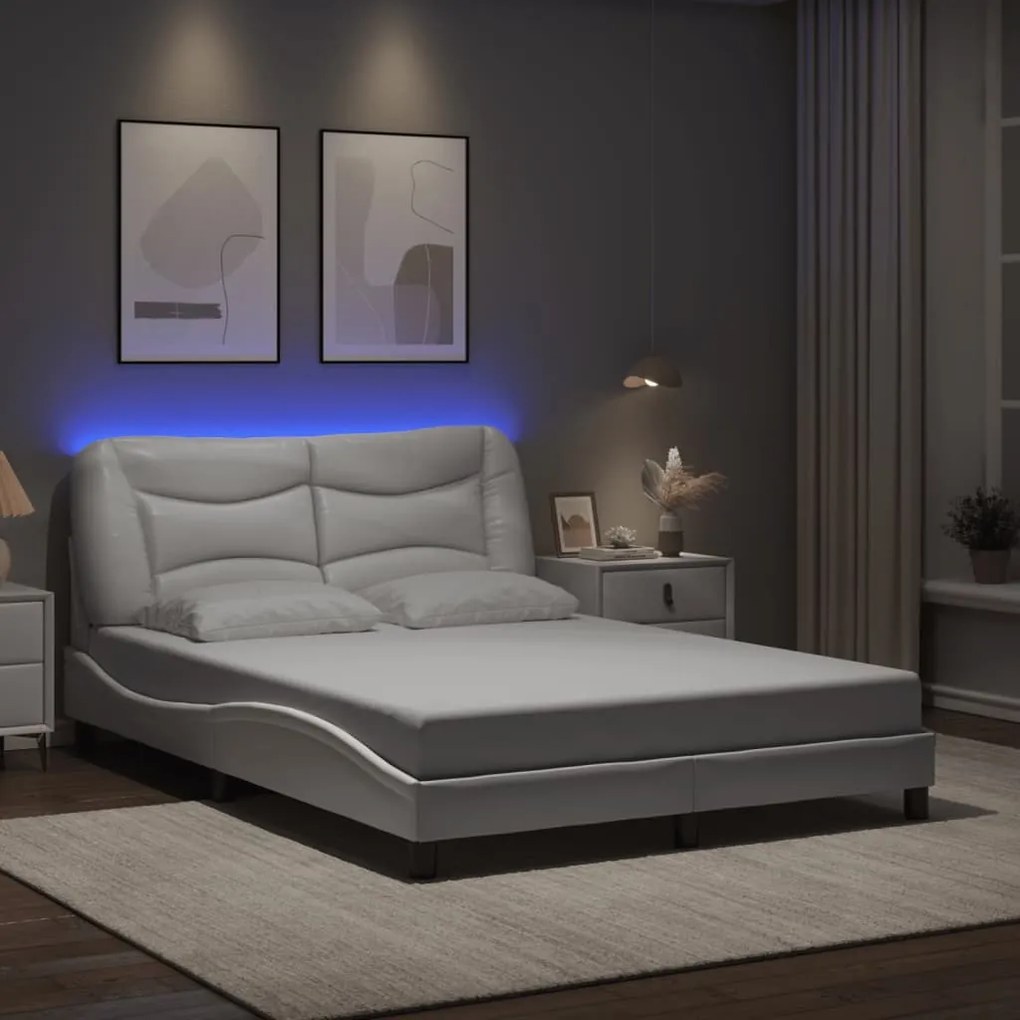 Estrutura de cama c/ luzes LED 140x200 cm couro artif. branco