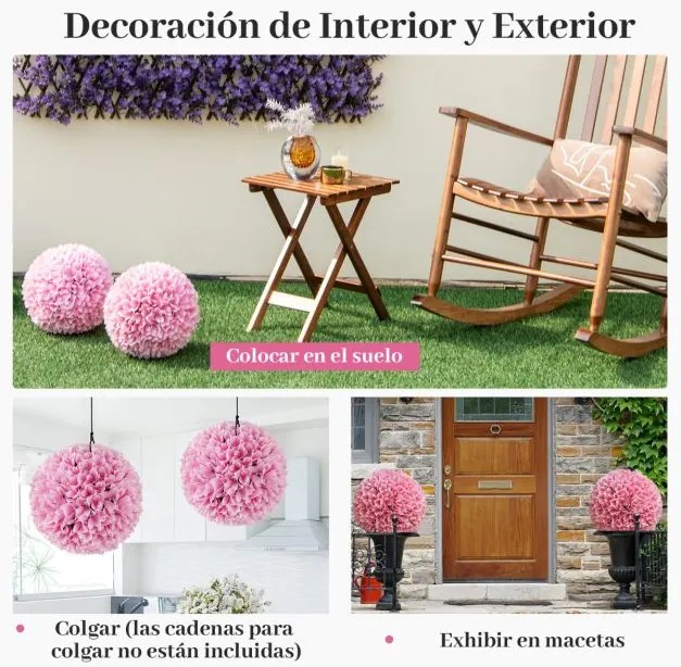 Conjunto de 2 bolas de plantas artificiais 28 CM Bolas decorativas Decoração interior e exterior com proteção solar Rosa
