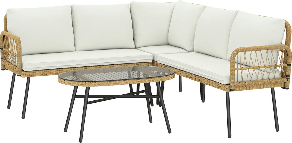 Outsunny Conjunto Sala de Jardim 4 peças em L Natural e Creme | Aosom Portugal