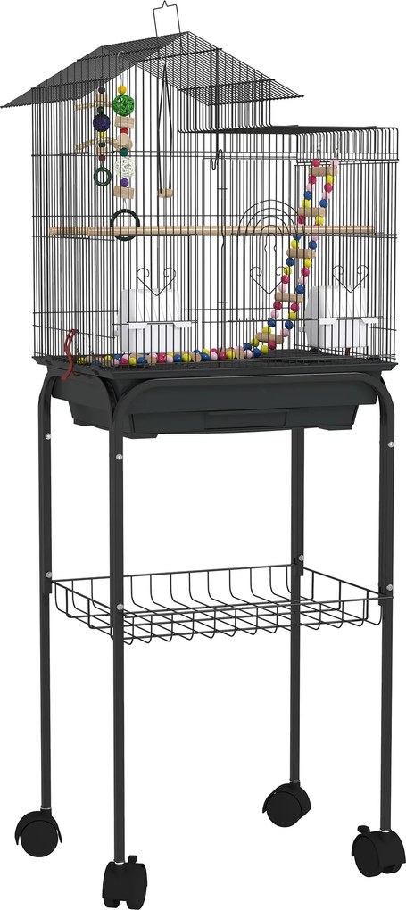 PawHut Gaiola para Passáros Gaiola de Metal com Portas 4 Comedouros 3 Poleiros Baloiço Escadas e Bandeja Removível 46x36x120 cm Preto | Aosom Portugal