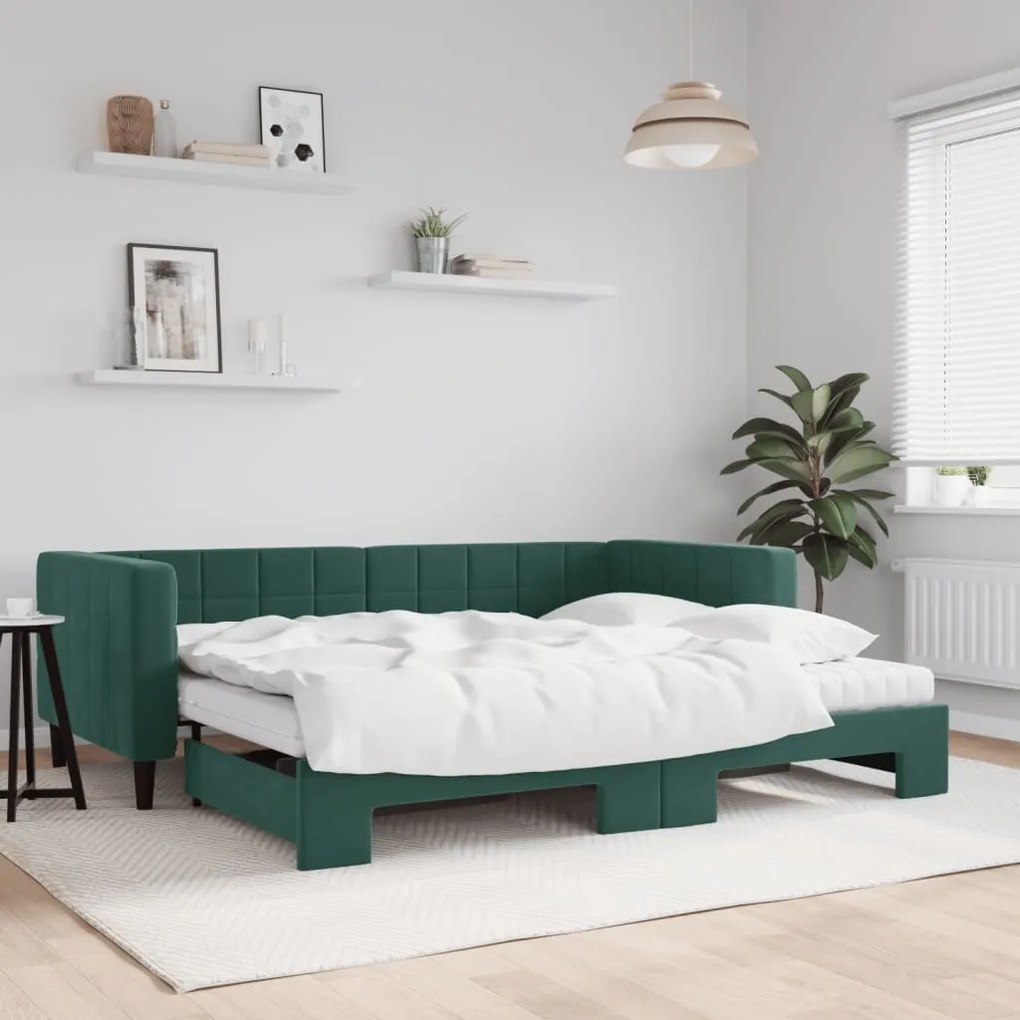 vidaXL Sofá-cama c/ gavetão e colchões 90x200cm veludo verde-escuro
