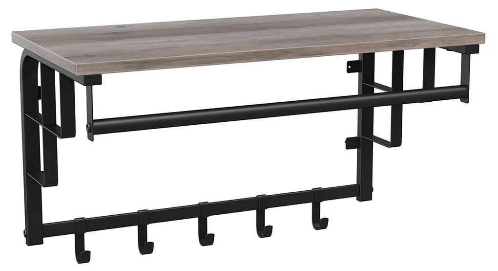 Cabideiro de parede com prateleira e 5 ganchos | VASAGLE | 66 x 30 x 27 cm | greige e preto | LCR012B02.